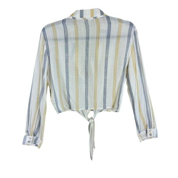 LUNIK Striped Lightweight Cropped Collared Button Up Tie Front Blouse Size M - Picture 2 of 6